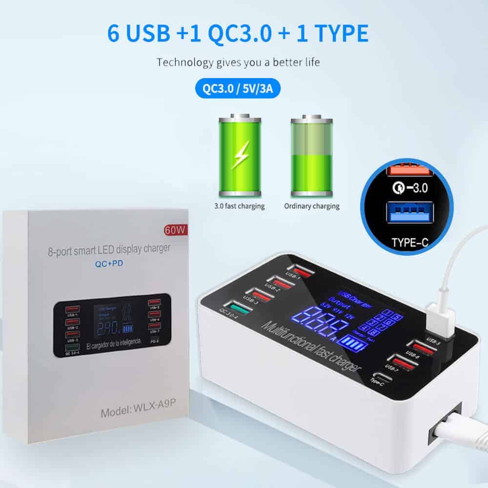 Multi 8 Port USB HUB Fast Charging Quick Charge QC3.0 PD Charger LED Display Charging Station Mobile Phone Desktop Wall Home Multi 8 Port USB HUB Fast Charging Quick Charge QC3.0 PD Charger LED Display Charging Station Mobile Phone Desktop Wall Home